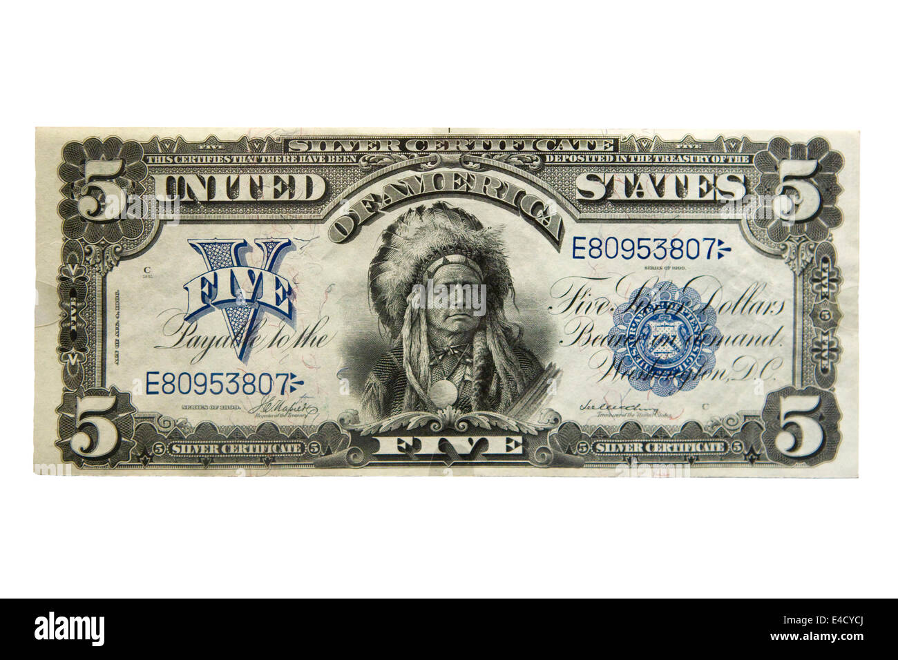 Vista complementare di rara 1899 $5 (il capo nota) American banconota intaglio Foto Stock
