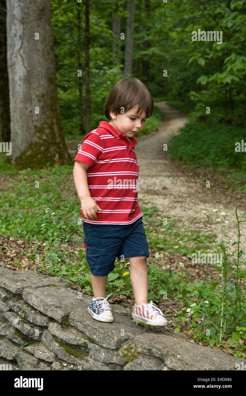 Tre anni di vecchio ragazzo camminando sul muro di pietra nella primavera del Mulino del parco statale in Indiana Foto Stock