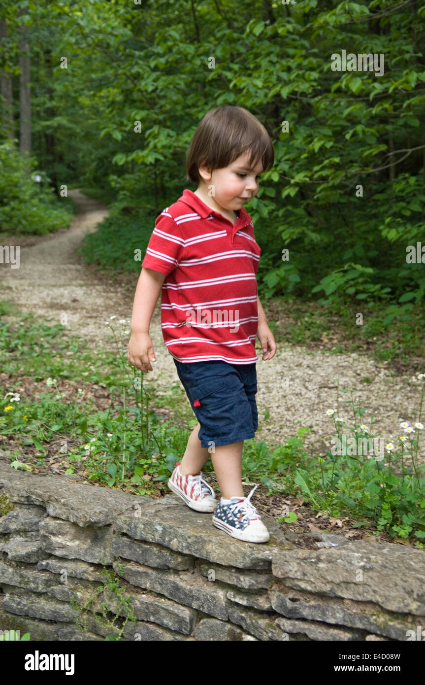 Tre anni di vecchio ragazzo camminando sul muro di pietra nella primavera del Mulino del parco statale in Indiana Foto Stock