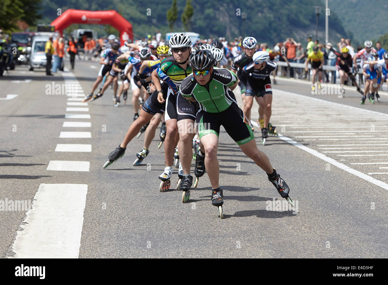 La pratica del pattinaggio di velocità, medio Reno Marathon 2014, Coblenza, Renania-Palatinato, Germania Foto Stock