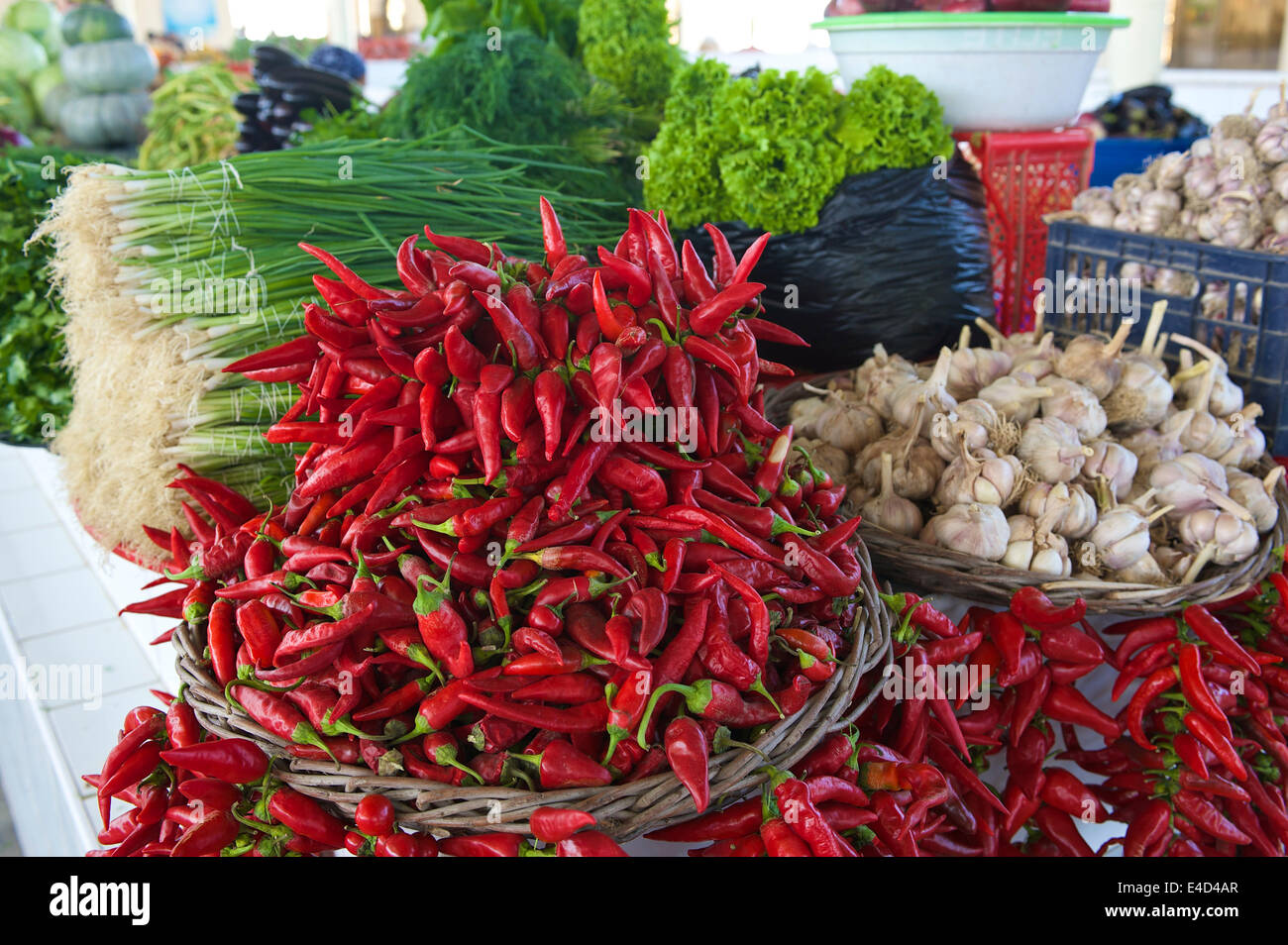 Il peperoncino e aglio in vendita presso il bazar, Bukhara, Uzbekistan Foto Stock