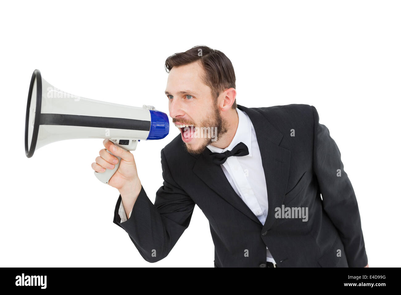 Geeky imprenditore urlando attraverso il megafono Foto Stock