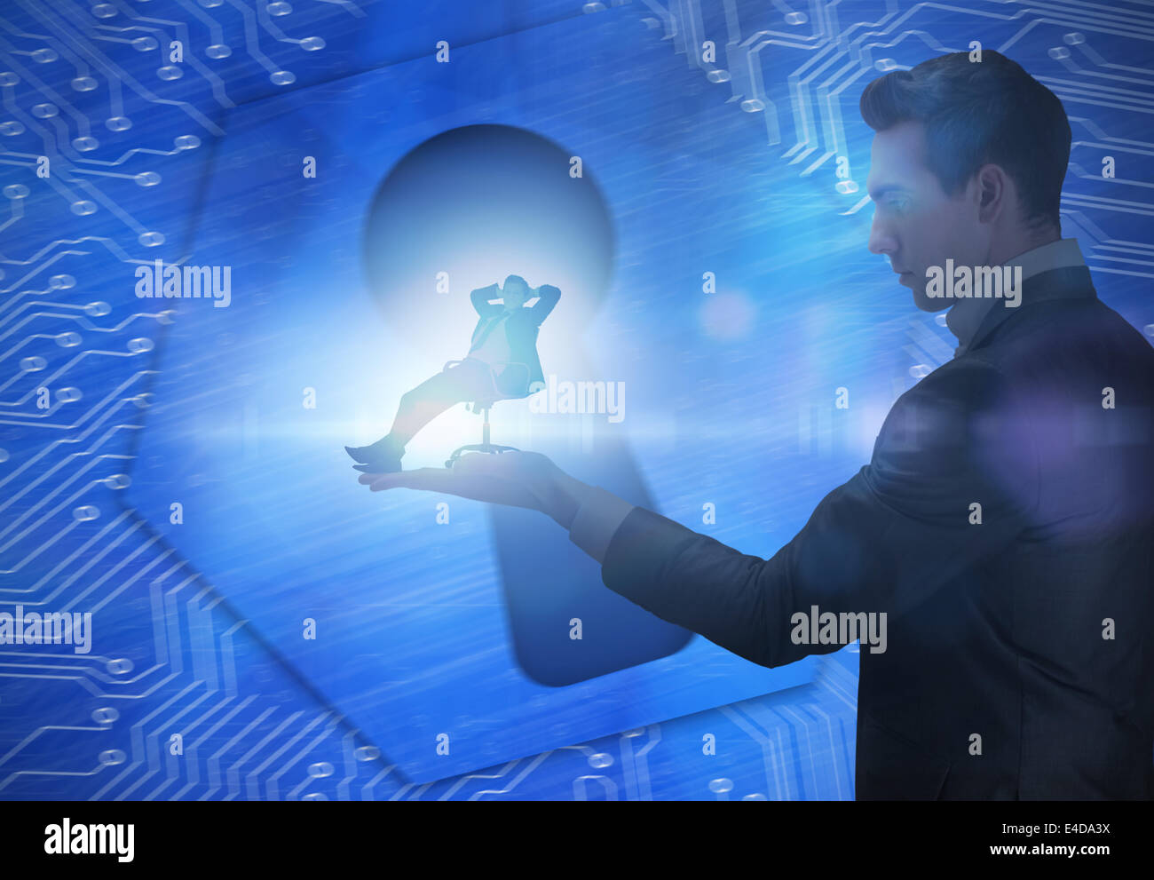 Immagine composita di imprenditore tenendo business man in sedia girevole Foto Stock