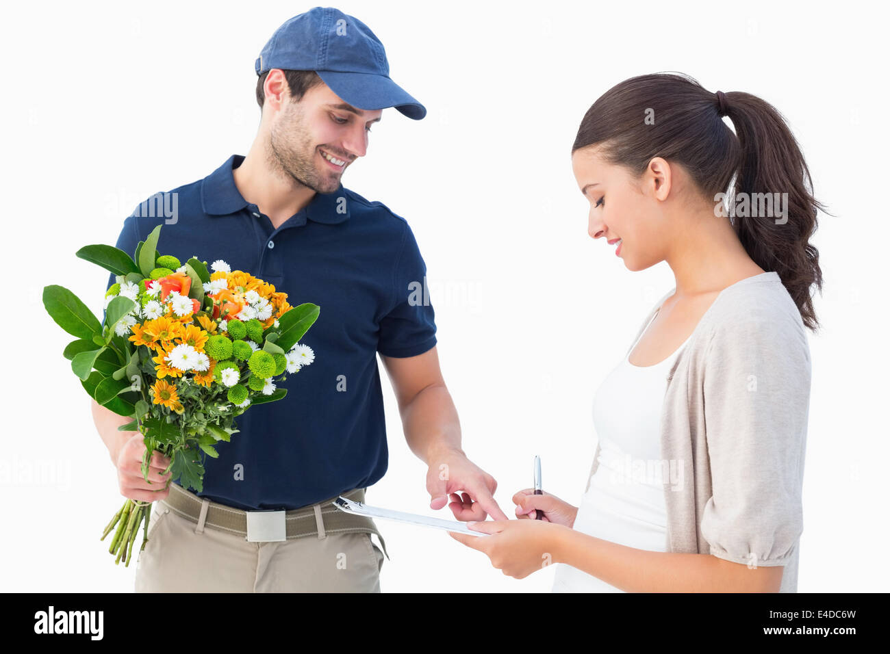 Felice di consegna fiori uomo con il cliente Foto Stock