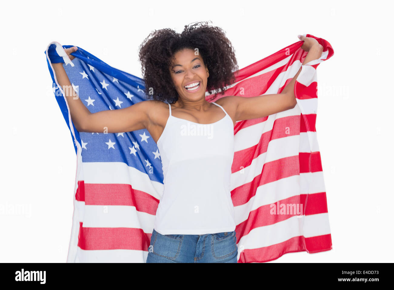 Pretty girl holding bandiera americana tifo in telecamera Foto Stock