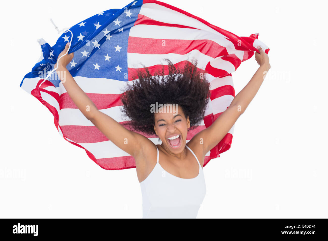 Pretty girl holding bandiera americana tifo in telecamera Foto Stock