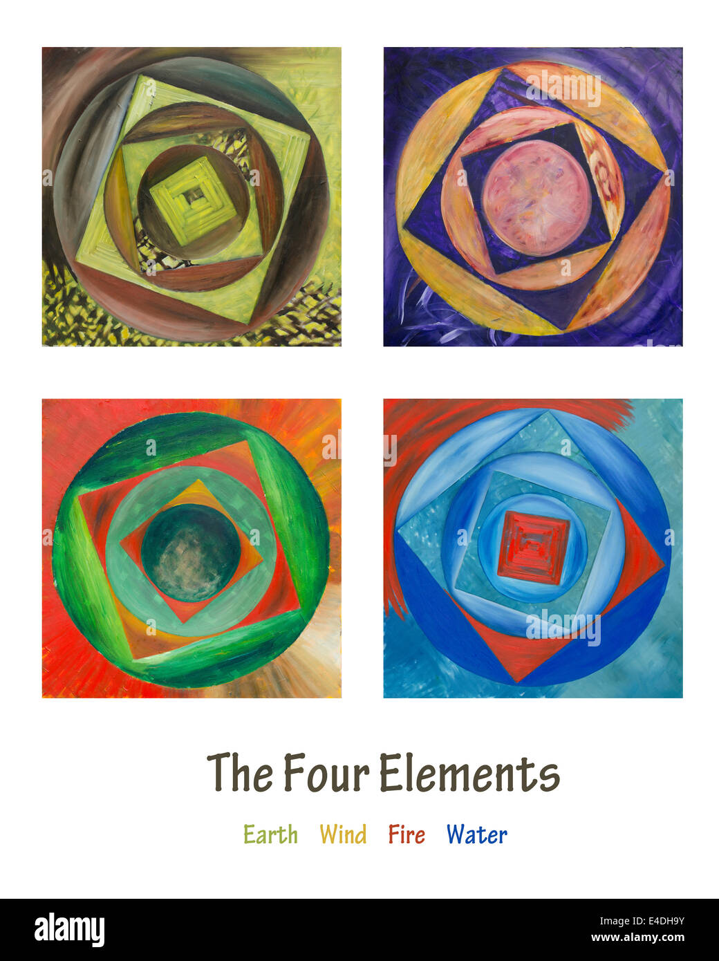 I quattro elementi. Tutti e quattro i dipinti di elementi classici su una stampa poster. Dipinti originali sono ogni 70cm x 70cm Foto Stock