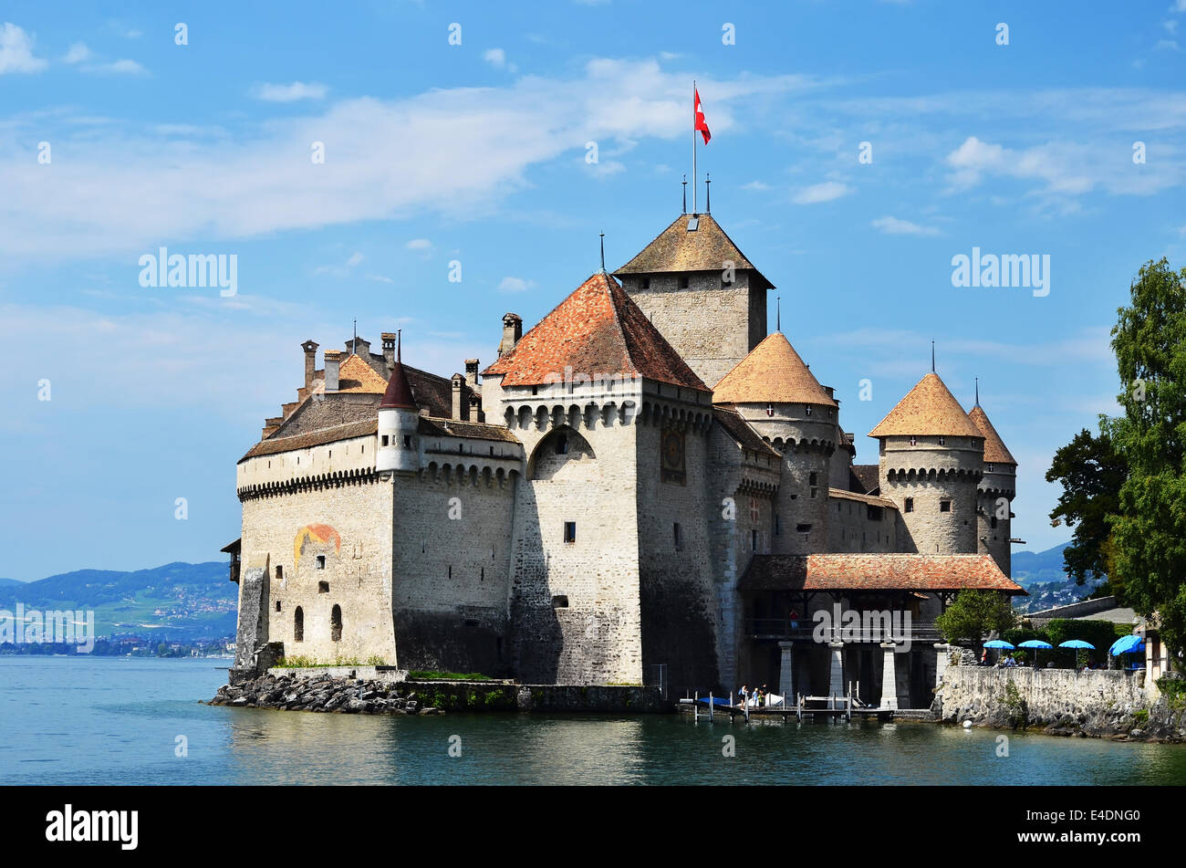 Chateau de Chillon (Castello di Chillon), sul lago di Ginevra, Montreux, Svizzera Foto Stock