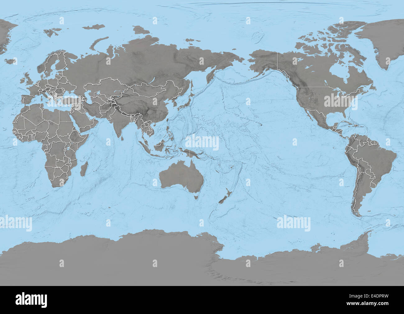 Mappa mondo centrato sull'Oceano Pacifico con i confini Foto Stock