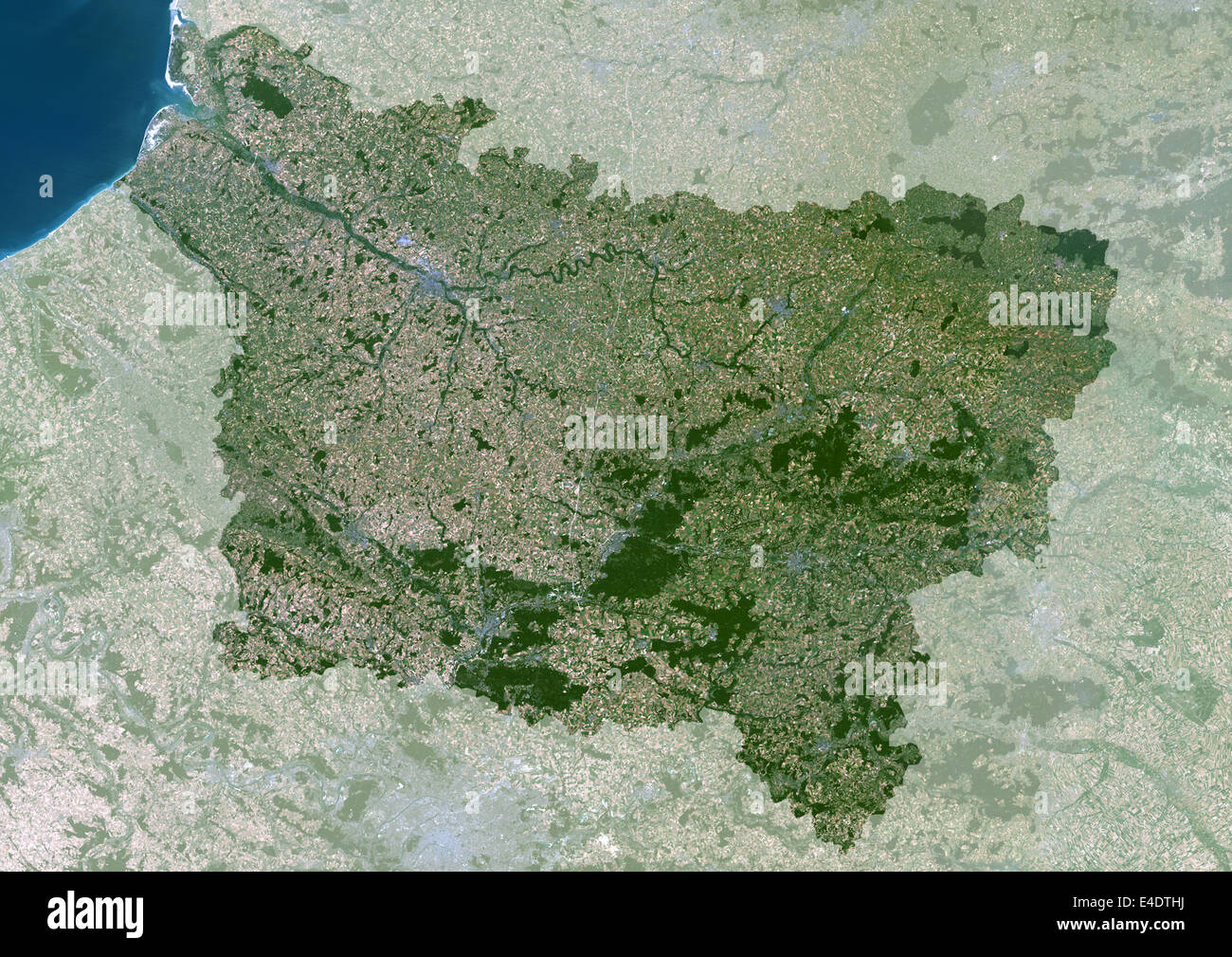 Regione Picardie, Francia, True Color satellitare immagine con maschera. Regione Picardie, Francia, true color satellitare immagine con maschera. Foto Stock