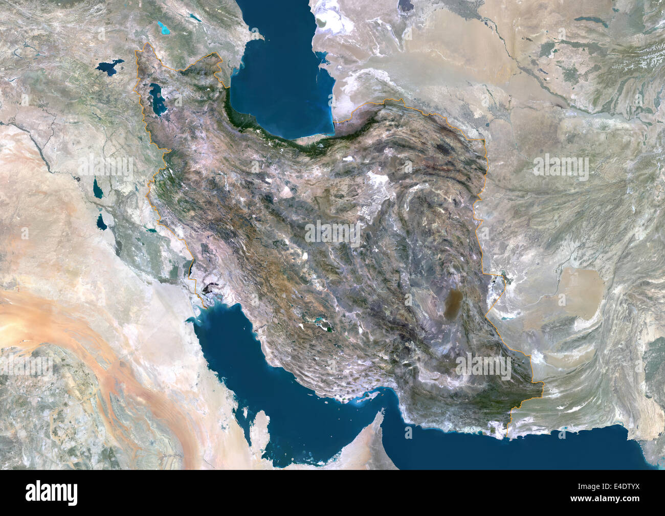 Iran, Medio Oriente, Asia, True Color satellitare immagine con bordo e maschera. Vista satellitare dell'Iran (con bordo e maschera). Questo mi Foto Stock