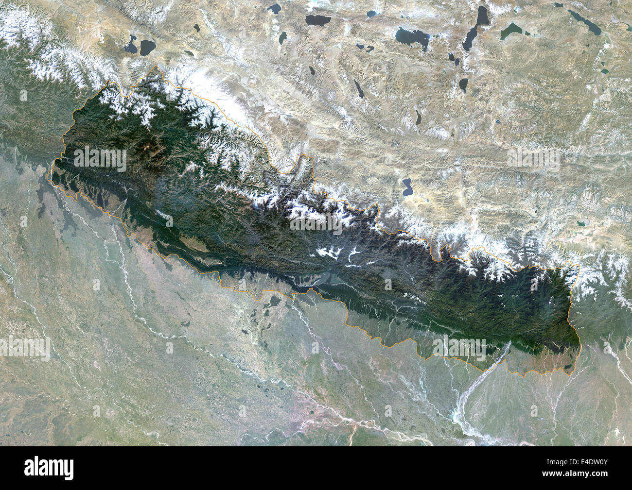 Il Nepal, Asia, True Color satellitare immagine con bordo e maschera. Vista satellitare del Nepal (con bordo e maschera). Questa immagine è stata co Foto Stock