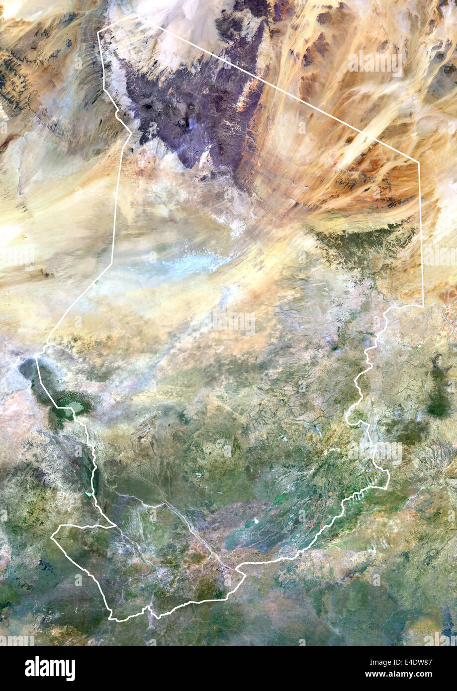 Il Ciad, Africa, True Color satellitare immagine con bordo. Vista satellitare del Ciad (con bordi). Questa immagine è stata elaborata sulla base dei dati di un Foto Stock