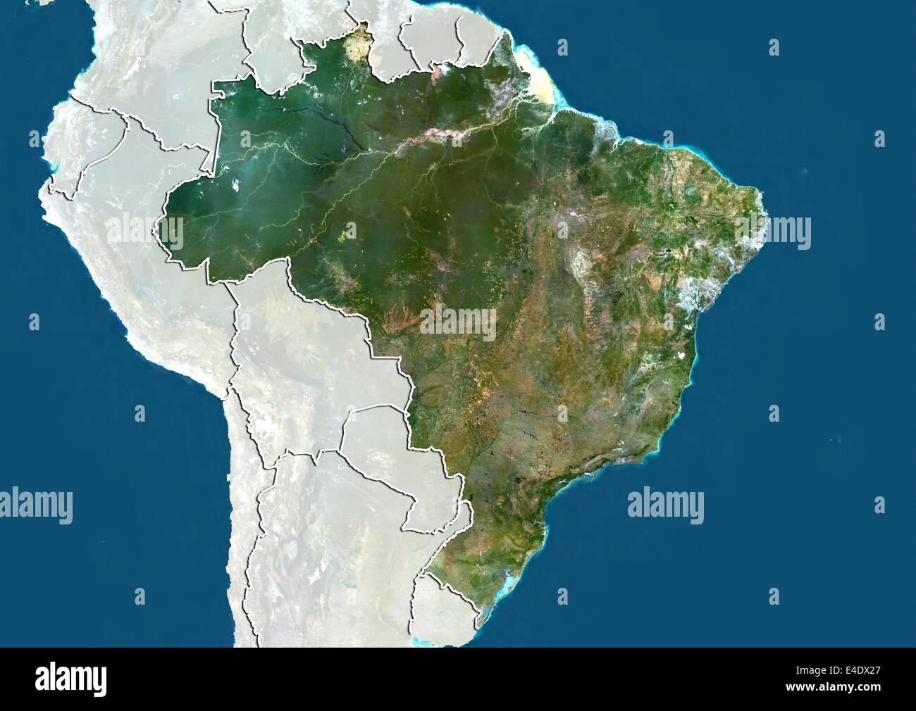 Il Brasile, True Color satellitare immagine con bordo e maschera Foto Stock