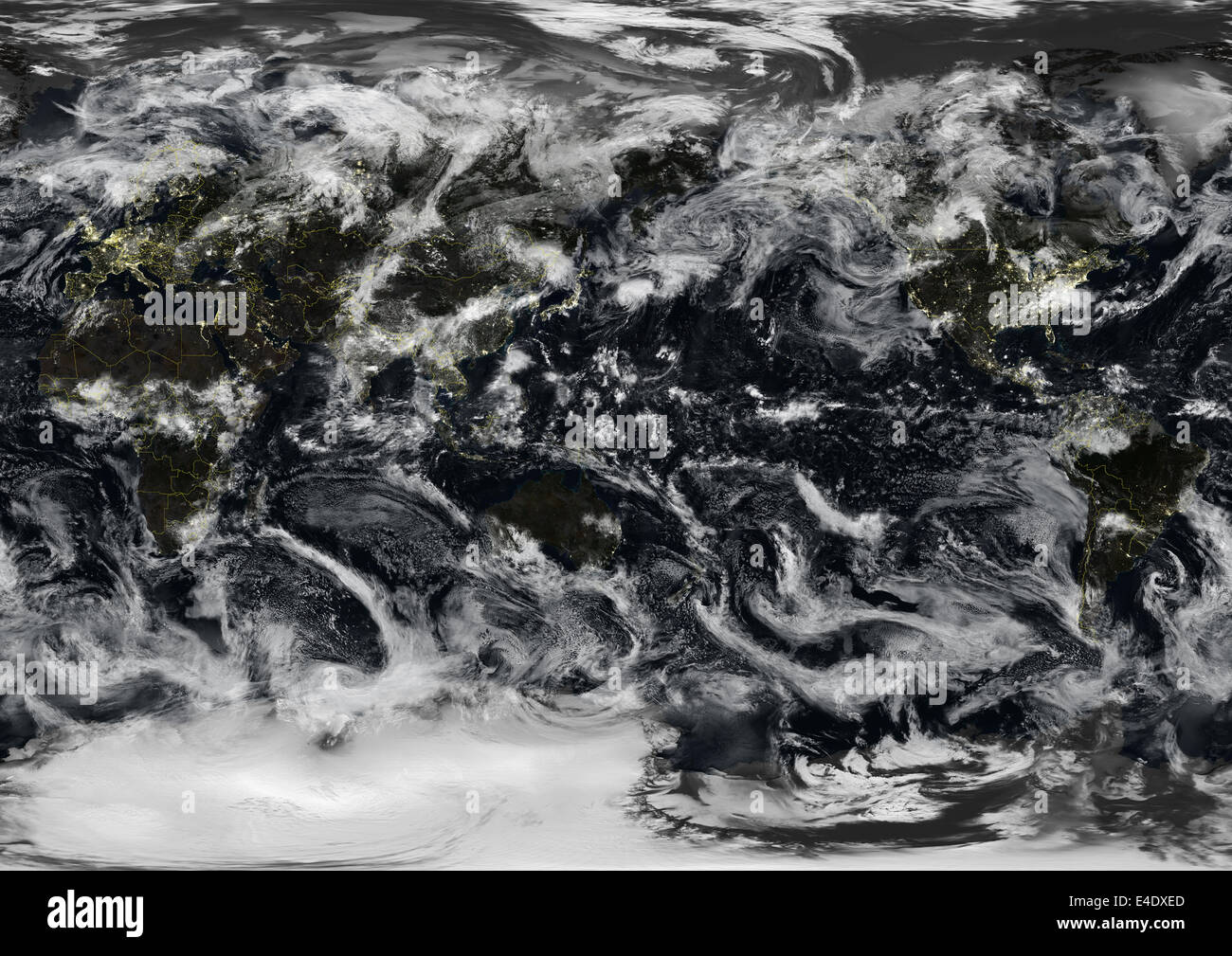 Tutta la terra di notte centrato sull'Oceano Pacifico, True Color immagine satellitare. True color satellitare immagine di tutta la terra a ni Foto Stock