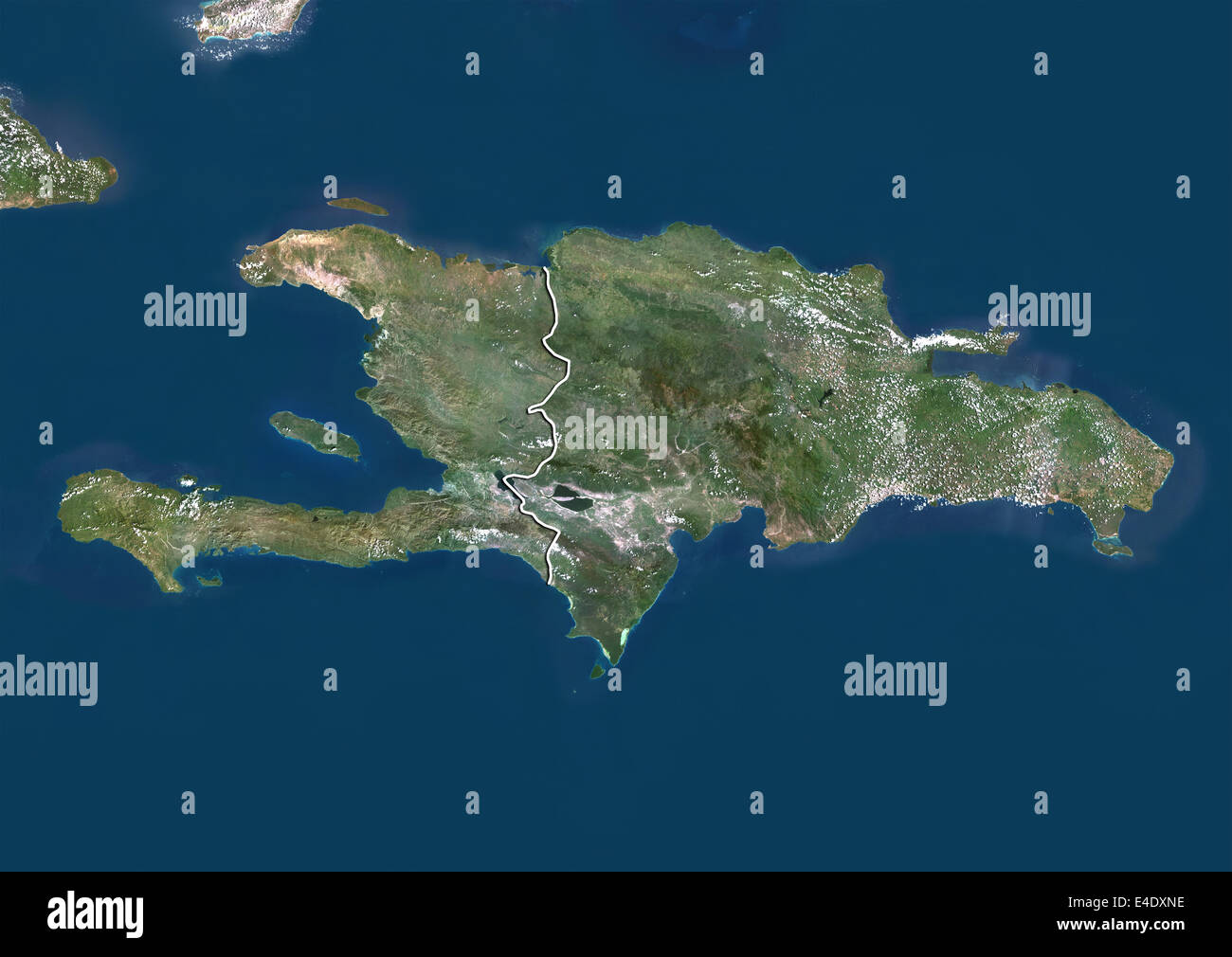 Repubblica Dominicana e Haiti, True Color satellitare immagine con bordo Foto Stock