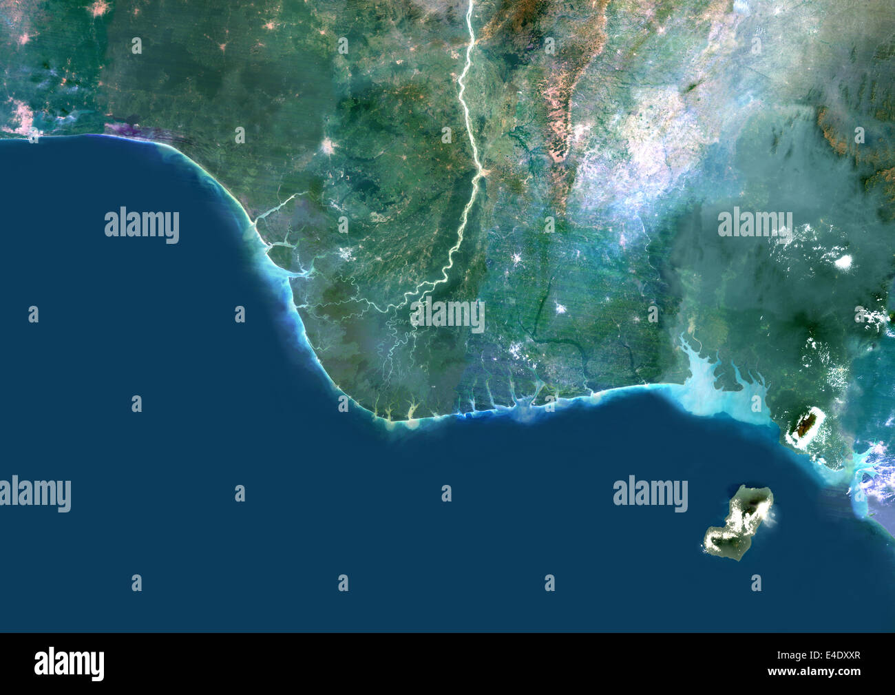 Fiume Niger Delta, Nigeria, True Color satellitare immagine. True color satellitare immagine del fiume Niger Delta in Nigeria, Africa Foto Stock