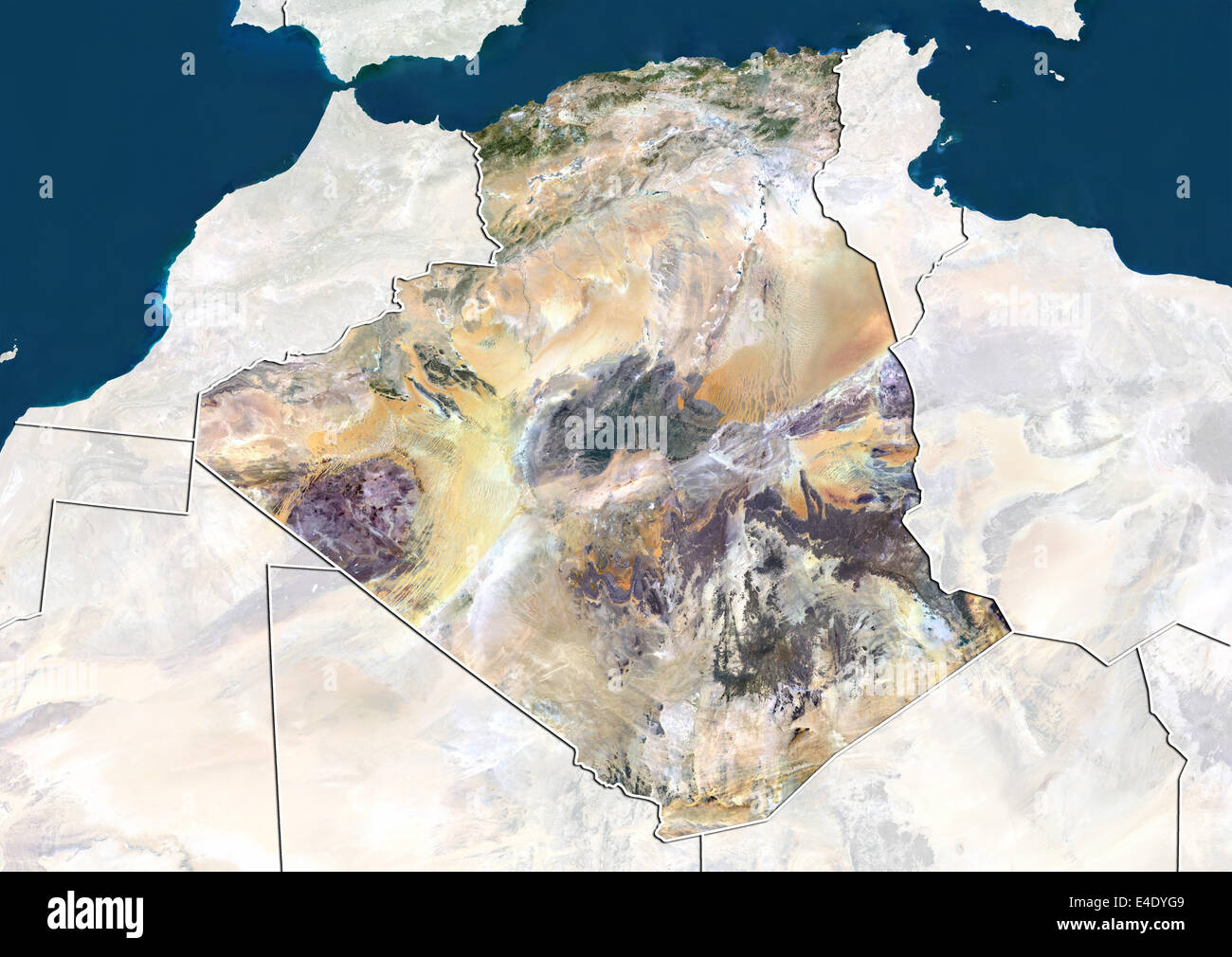 Algeria, True Color satellitare immagine con bordo e maschera Foto Stock
