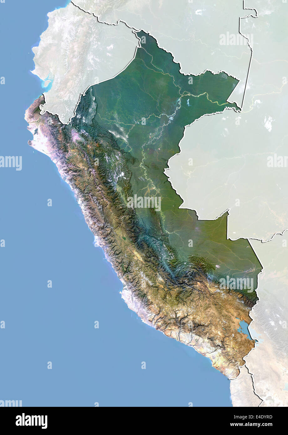 Il Perù, un'immagine satellitare con effetto Bump, con bordo e maschera Foto Stock Il Perù, un'immagine satellitare con effetto Bump, con bordo e maschera Foto Stock