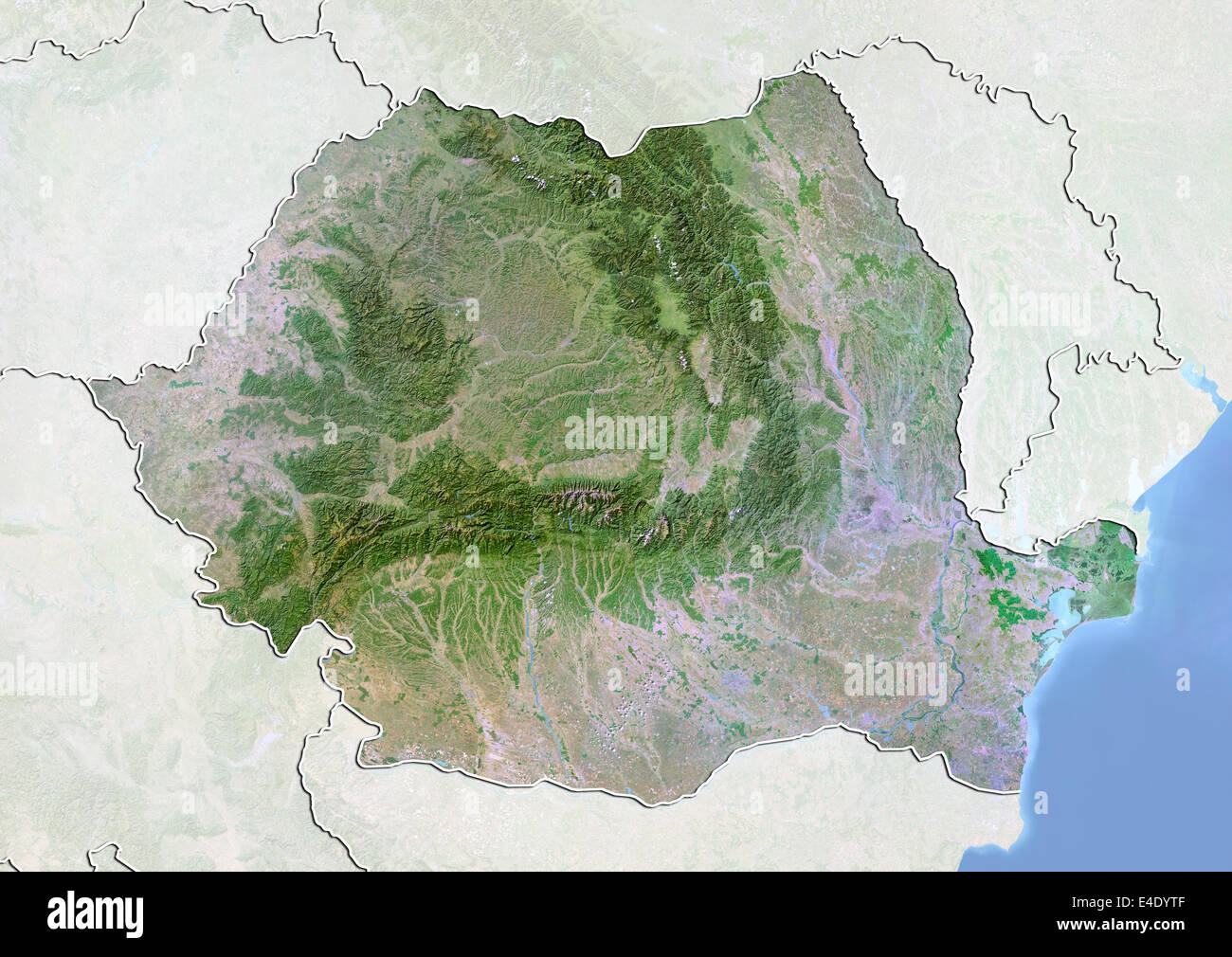 La Romania, immagine satellitare con effetto Bump, con bordo e maschera Foto Stock