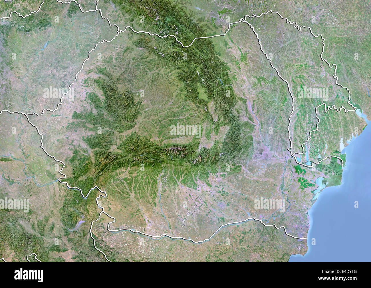 La Romania, immagine satellitare con effetto Bump, con bordo Foto Stock