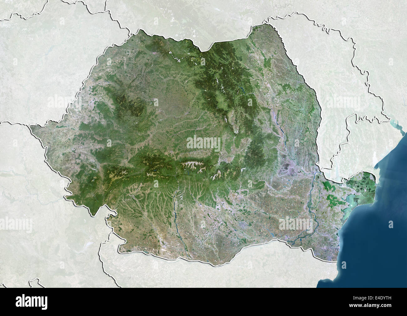 La Romania, True Color satellitare immagine con bordo e maschera Foto Stock