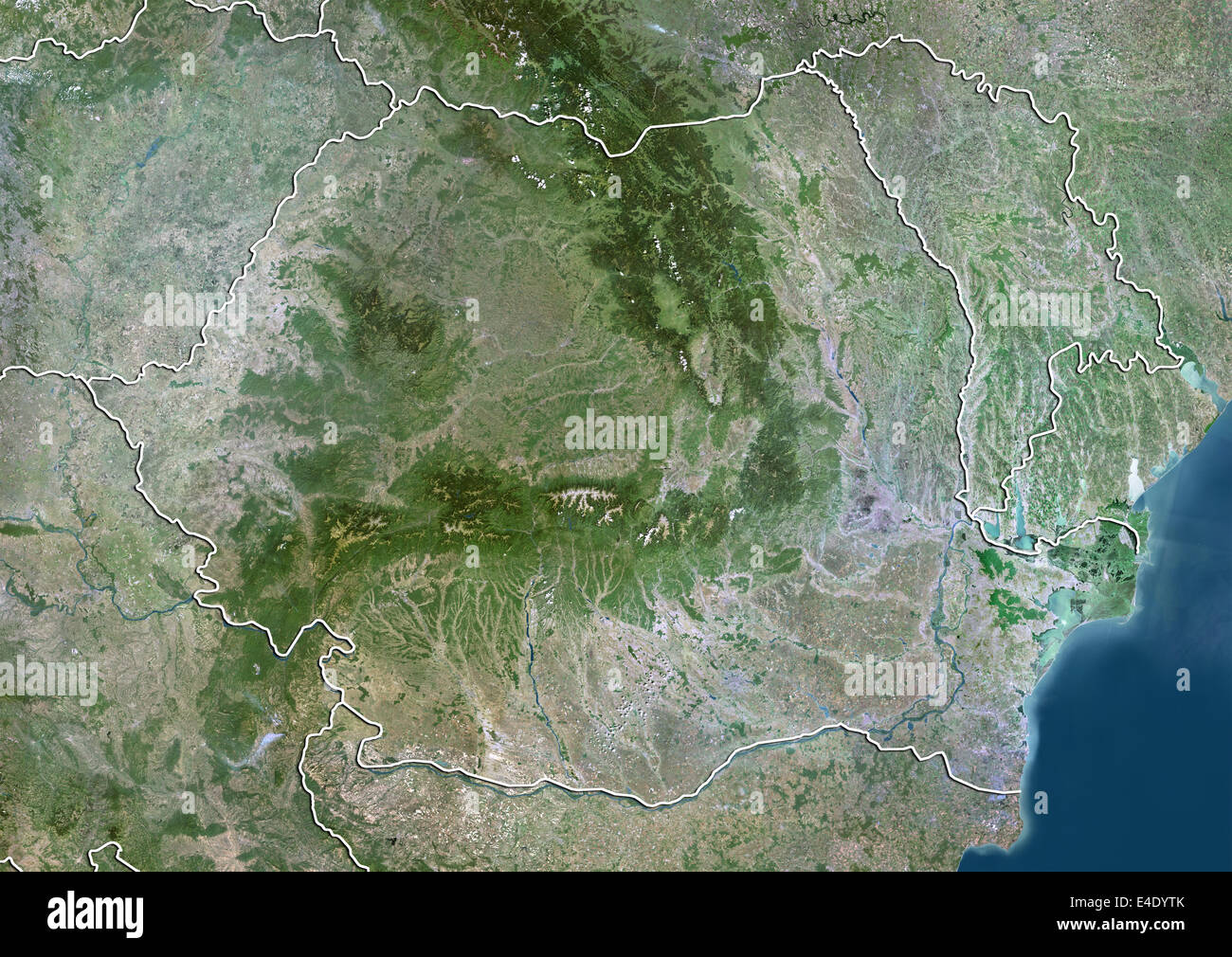 La Romania, True Color satellitare immagine con bordo Foto Stock