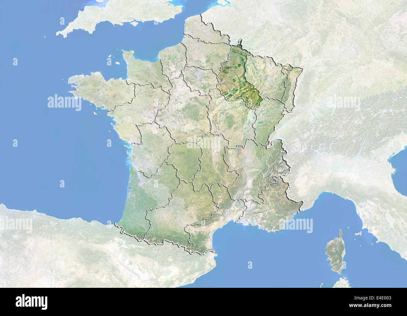 La Francia e la Regione di Champagne-Ardenne, immagine satellitare con effetto Bump Foto Stock