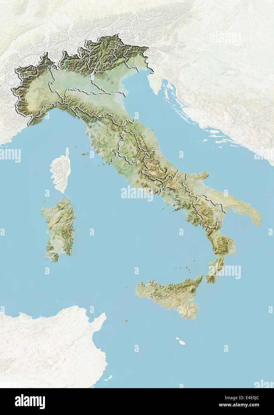 L'Italia, mappa di Rilievo con i confini delle regioni Foto Stock