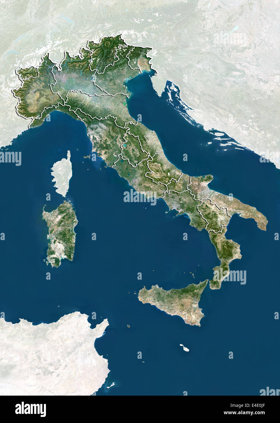 L'Italia, True Color immagine satellitare con i confini delle regioni Foto Stock