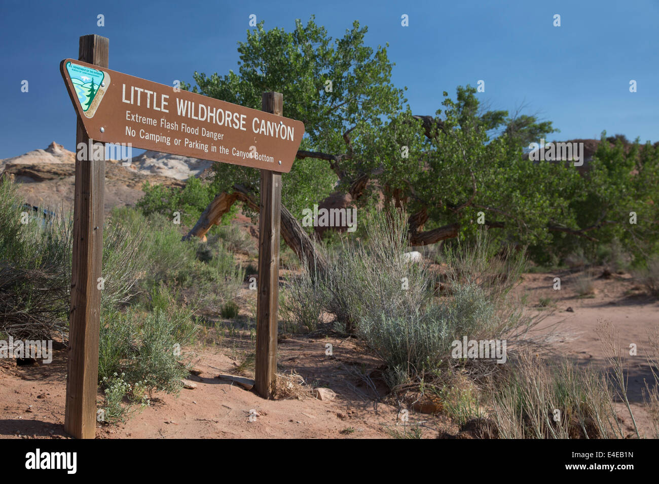 Hanksville, Utah - segno avverte di inondazione pericolo ad ingresso a poco cavallo selvaggio canyon. Foto Stock
