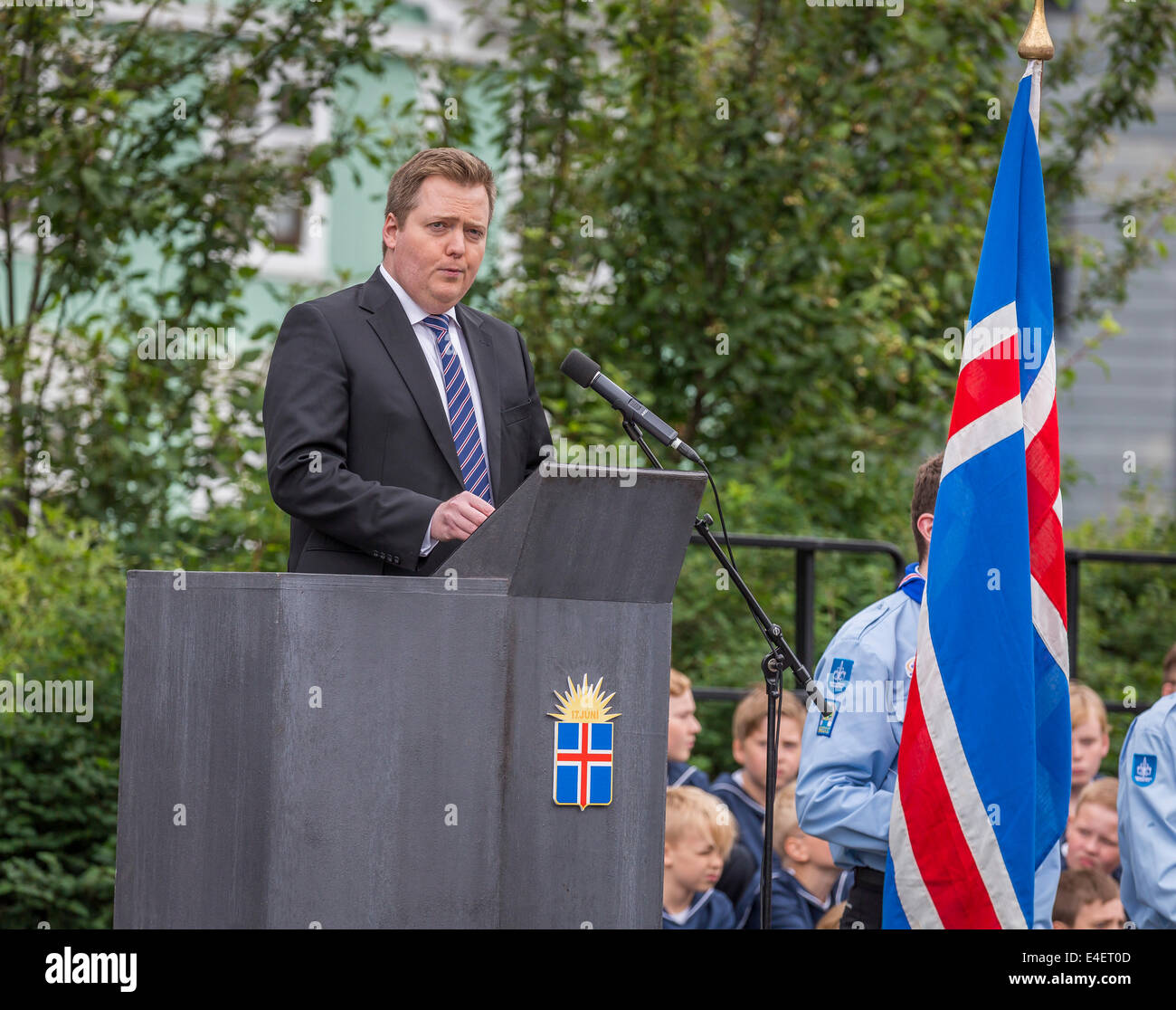 Sigmundur David Gunnlaugsson il Primo ministro di Islanda parlando a giugno 17th, giorno dell'indipendenza. Reykjavik, Islanda Foto Stock