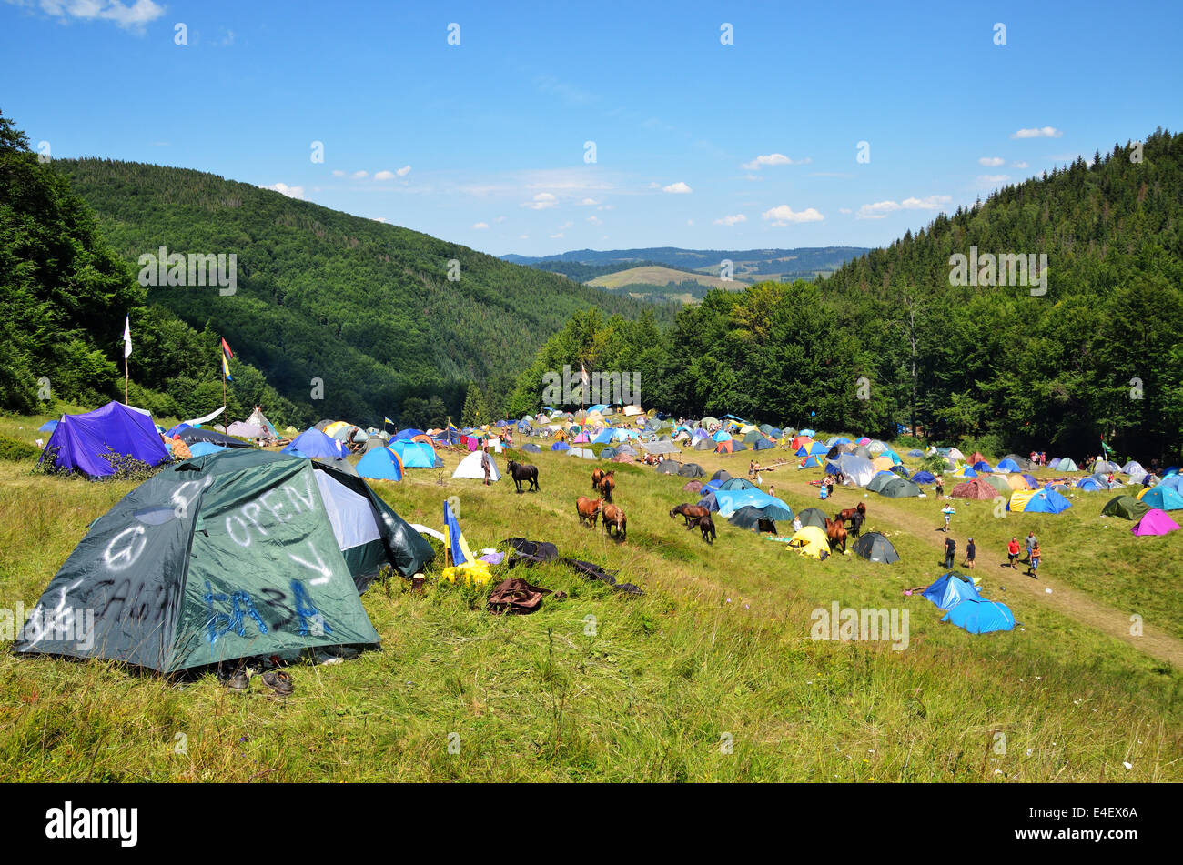 Carpazi, Ucraina. 8 Luglio, 2014. Festival vicino a cascata Shypit Kupala nella notte. Shypit (in inglese "sizzle") è cascata in Ucraina, dove annualmente hippie-fest è mantenuto fin dal 1993. La celebrazione principale si accende importante festa pagana Kupala notte a luglio 6/7. Ma i visitatori inizio prossimi al 1 luglio o in precedenza e si diparte a 10-15 luglio. © Oleksandr Rupeta/Alamy Live News Foto Stock