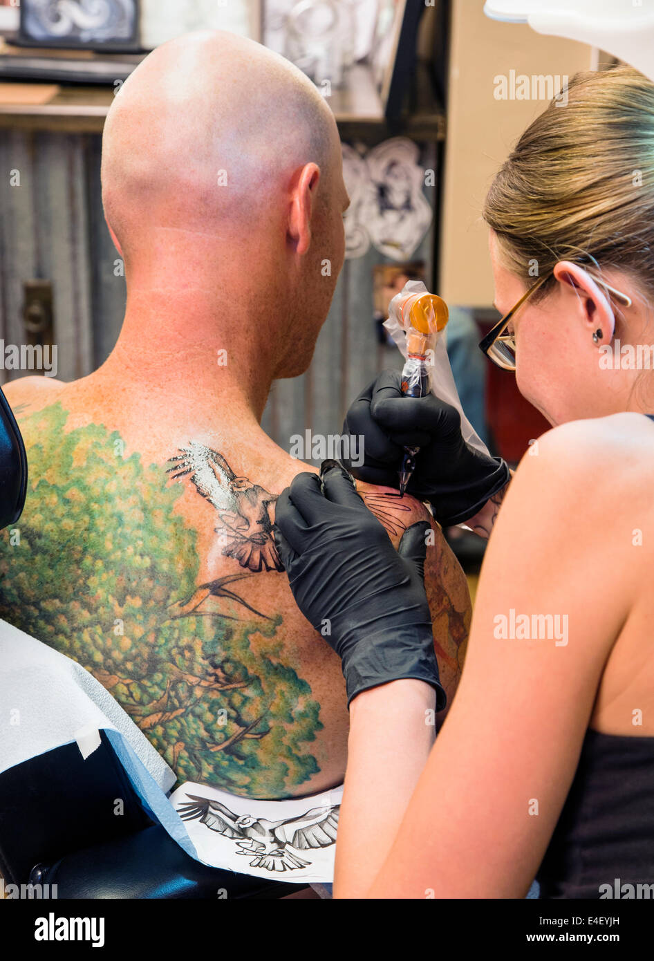 Donna tatuaggio un aquila sul retro di un uomo Foto Stock