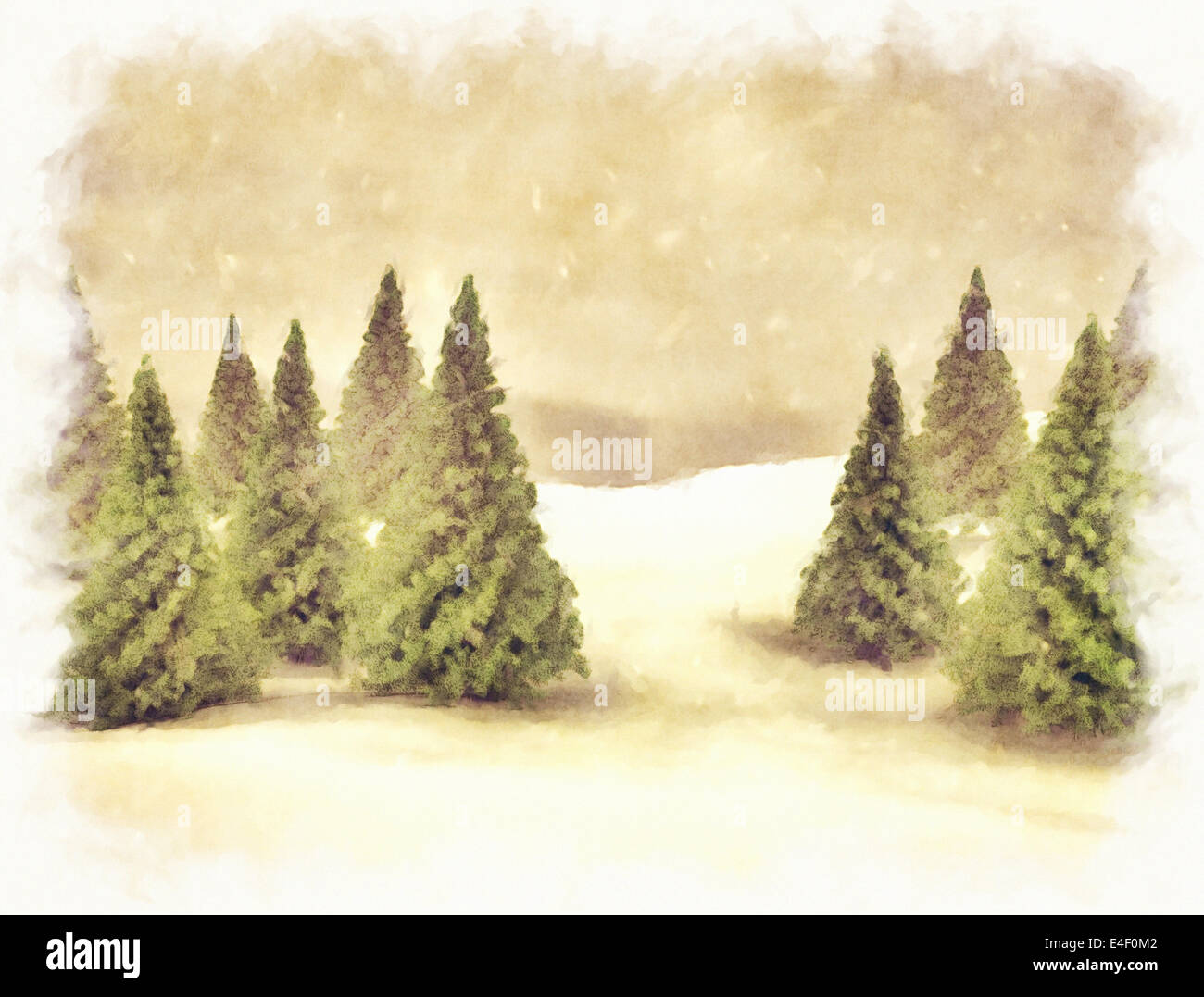 Scheda di Natale sfondo alberi di pino nella neve Foto Stock