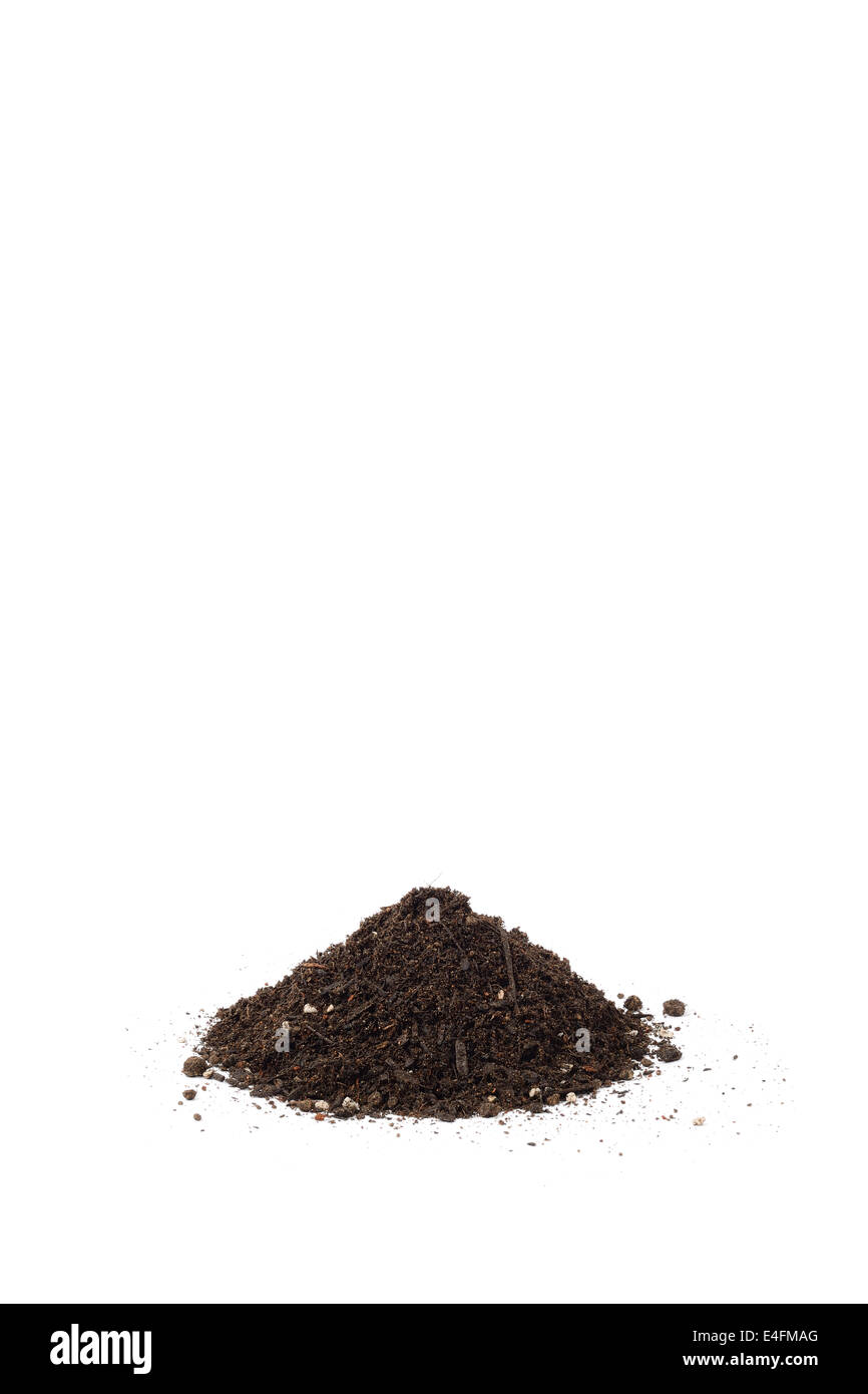 Piccolo mucchio di suolo per repotting, isolato su sfondo bianco Foto Stock