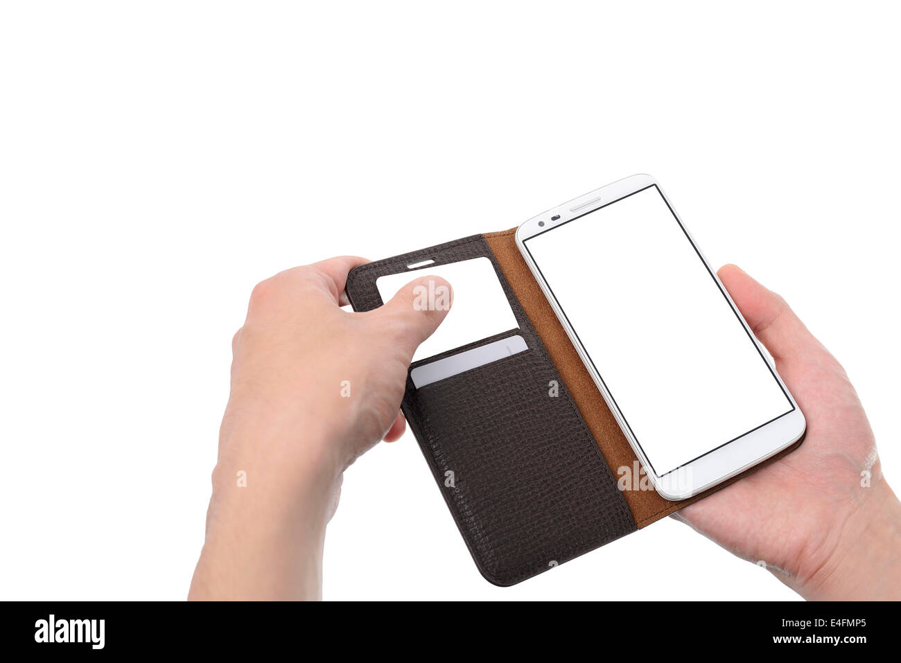 Fuori di una carta da smart phone caso isolato su bianco Foto Stock