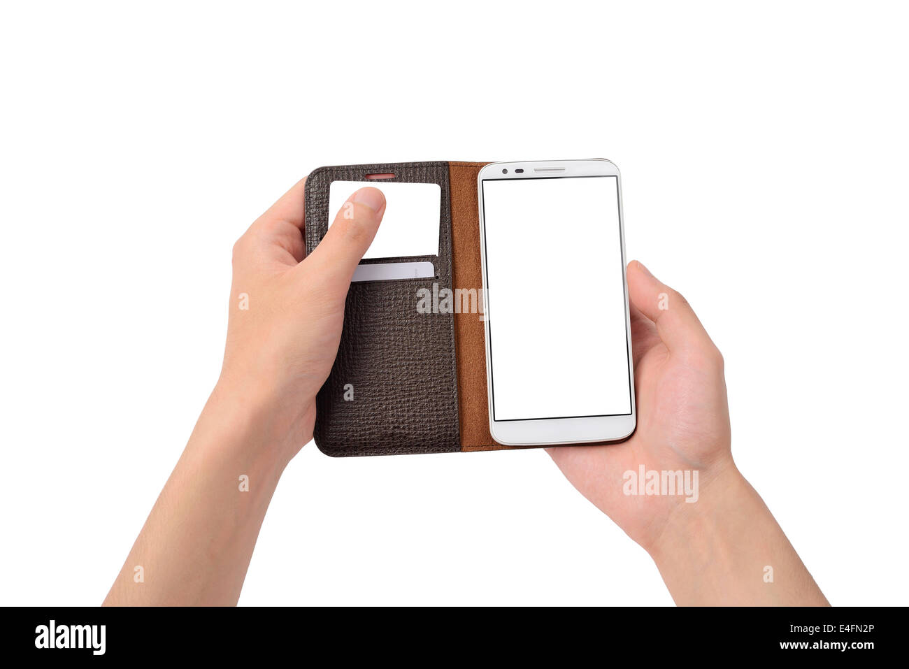 Fuori di una carta da smart phone caso isolato su bianco Foto Stock