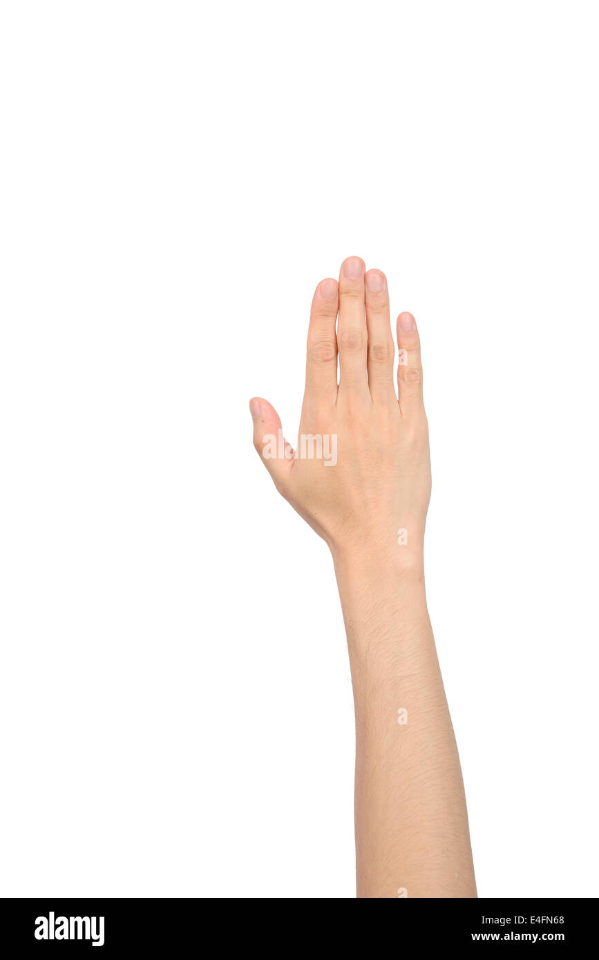 La mano che mostra le cinque dita isolato su un bianco Foto Stock