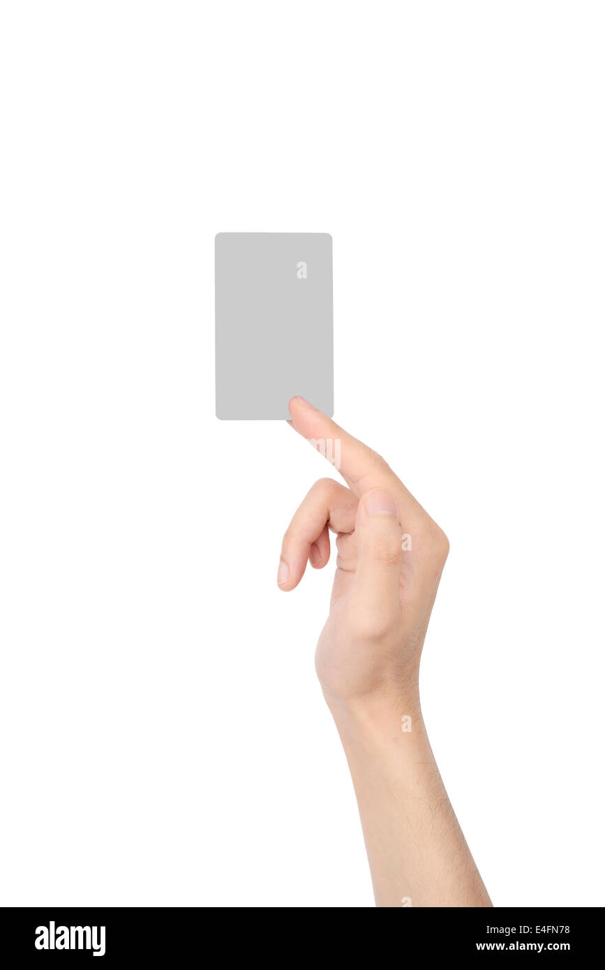 Tenere in mano una carta vergine, isolato su bianco Foto Stock