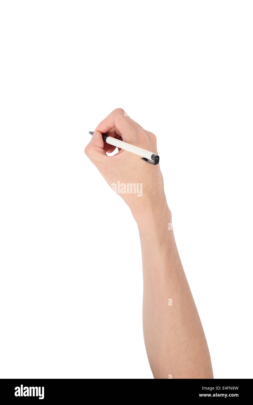Penna a sfera sull uomo asiatico la mano, isolato su bianco Foto Stock