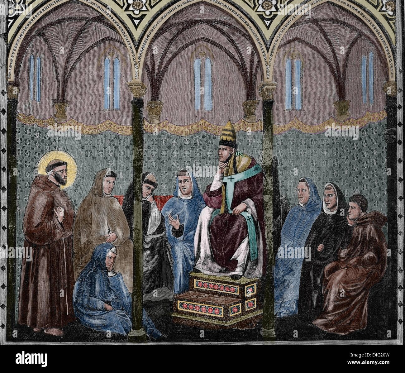 San Francesco di Assisi (1182-1226)predicazione prima di Papa Onorio III (1148-1227). Incisione, copia di foto di Giooto. 19th. Foto Stock