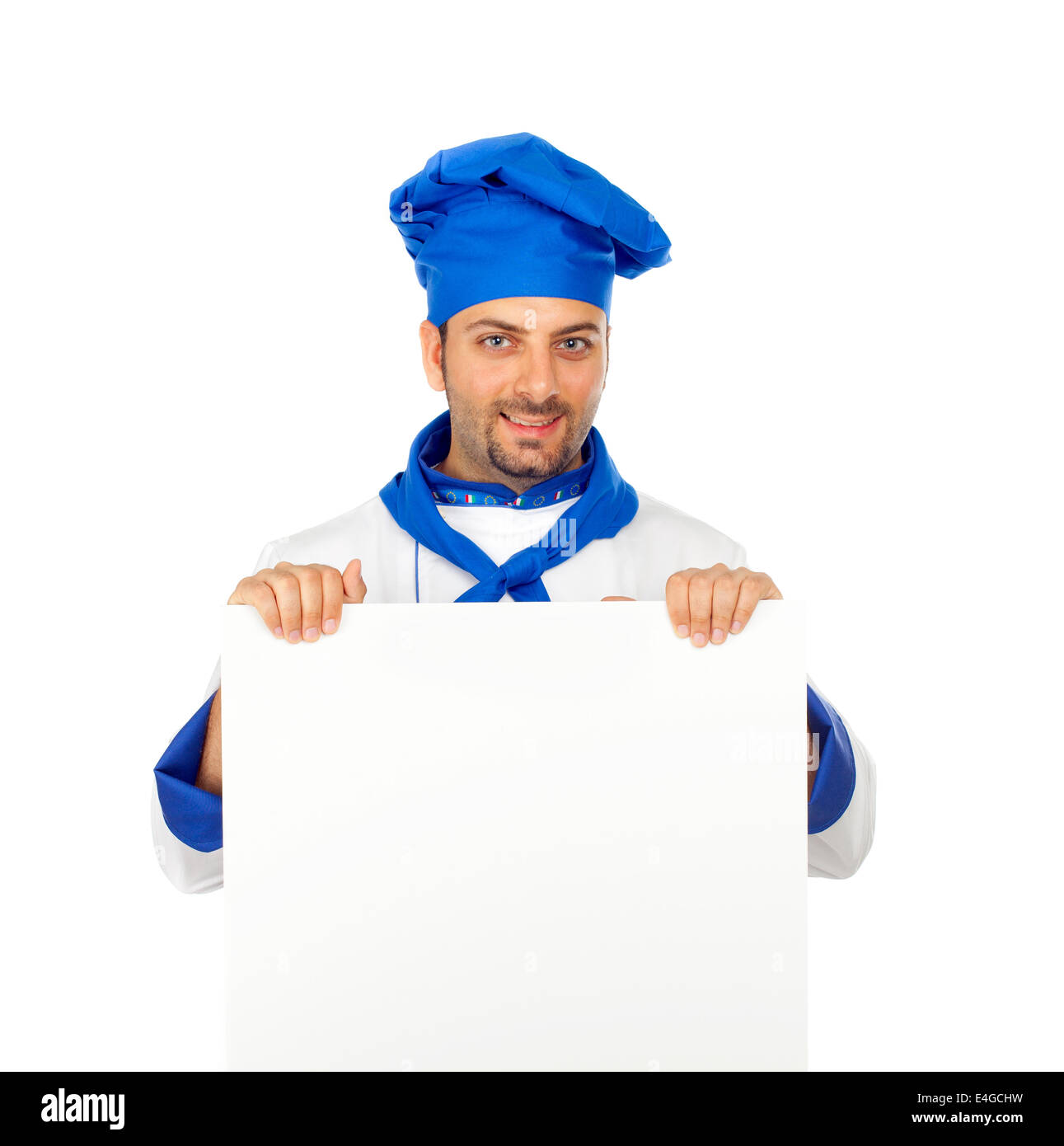 Chef con il cartellone in bianco su sfondo bianco Foto Stock