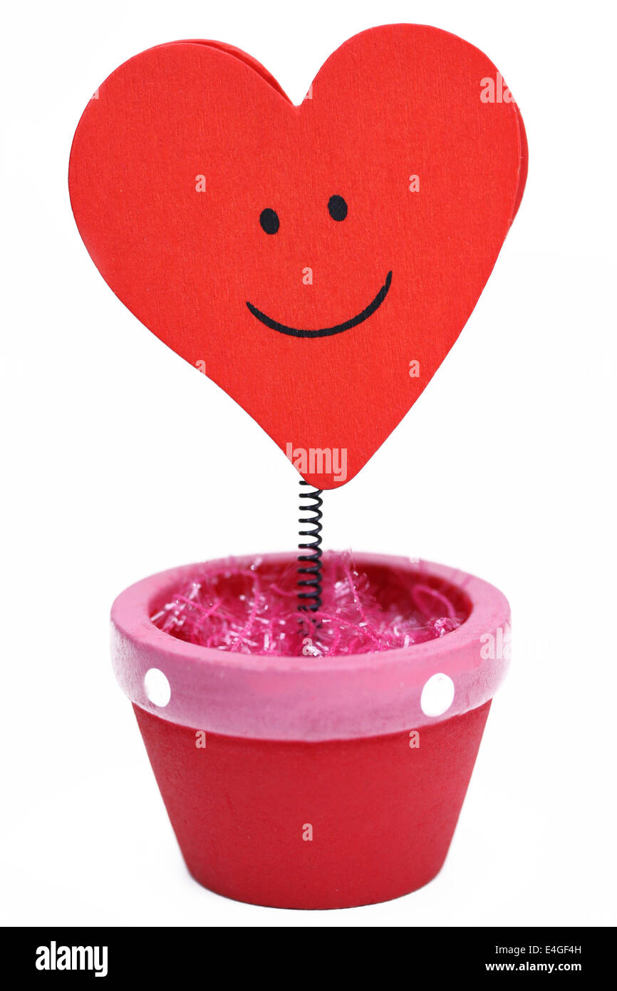 Vaso da giardino con piccolo cuore su sfondo bianco Foto Stock