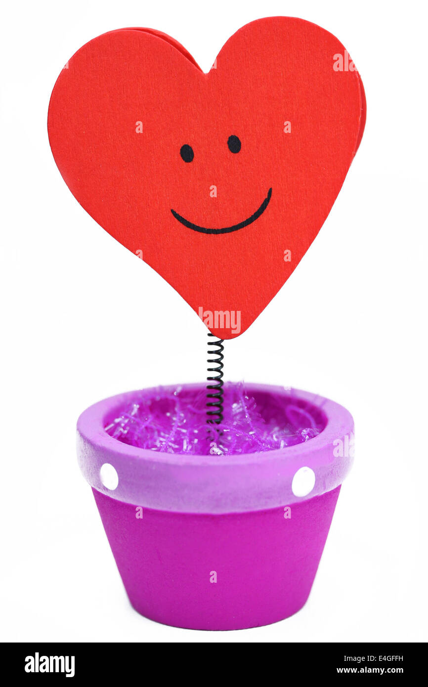 Vaso da giardino con piccolo cuore su sfondo bianco Foto Stock
