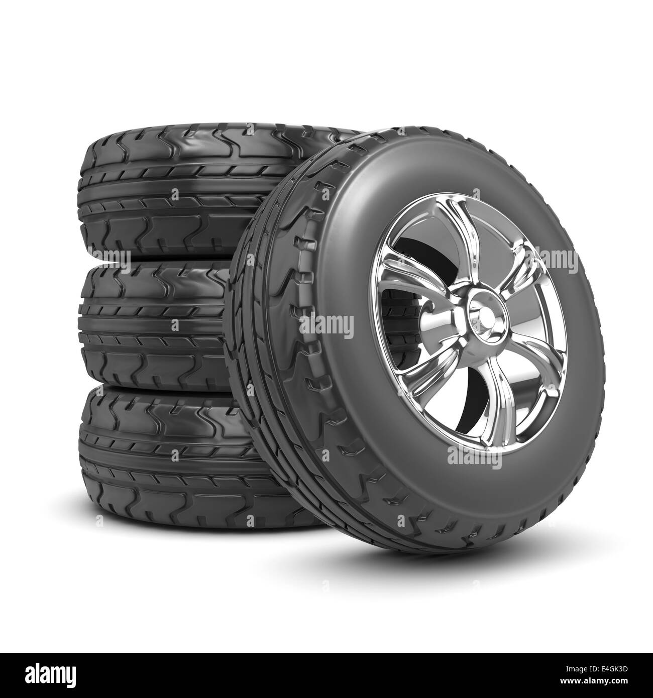 3D render di una ruota appoggiata contro una pila di pneumatici in gomma Foto Stock