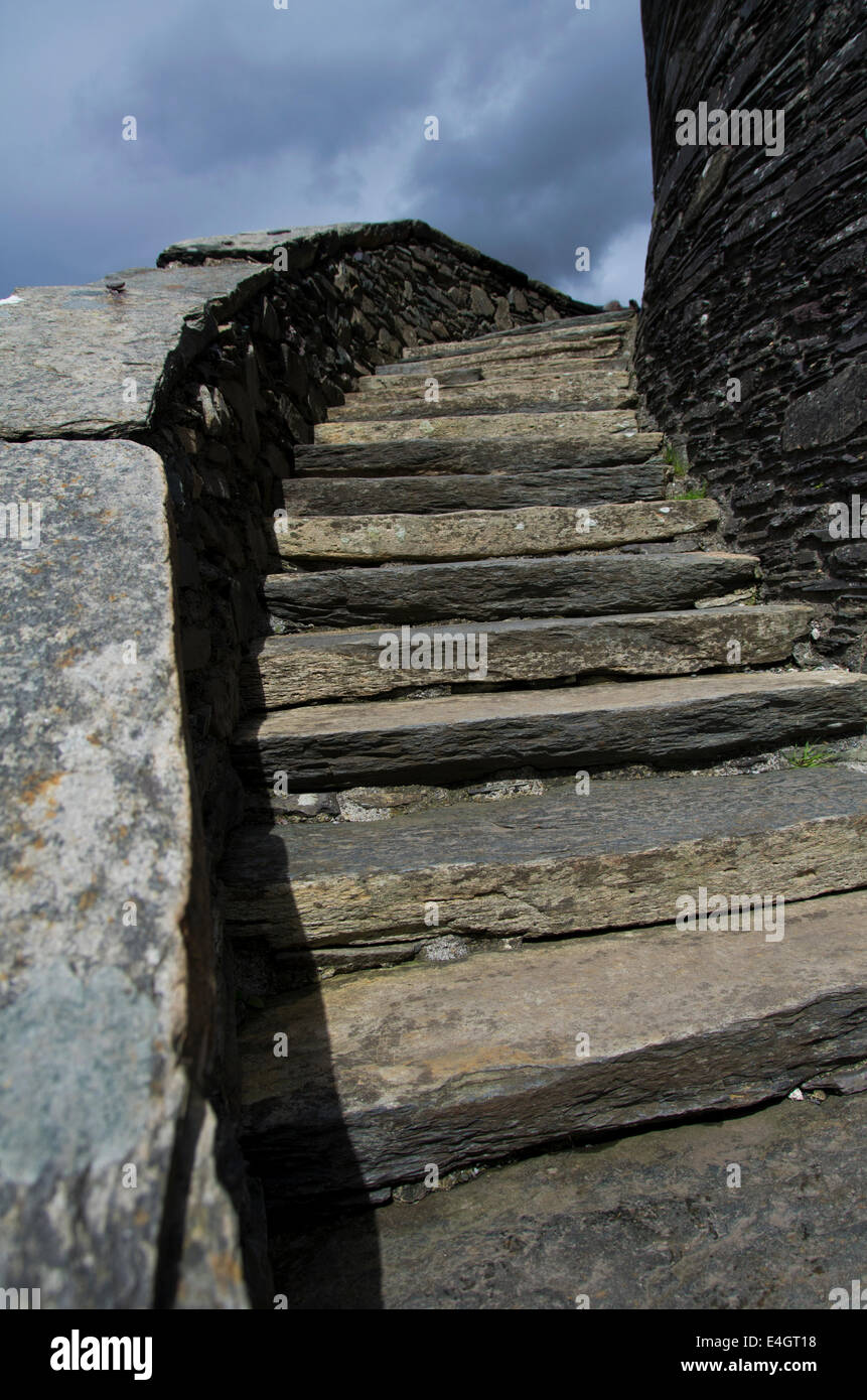 Una vista della scala di Dolbadarn Castle, Llanberis, Gwynedd. Foto Stock