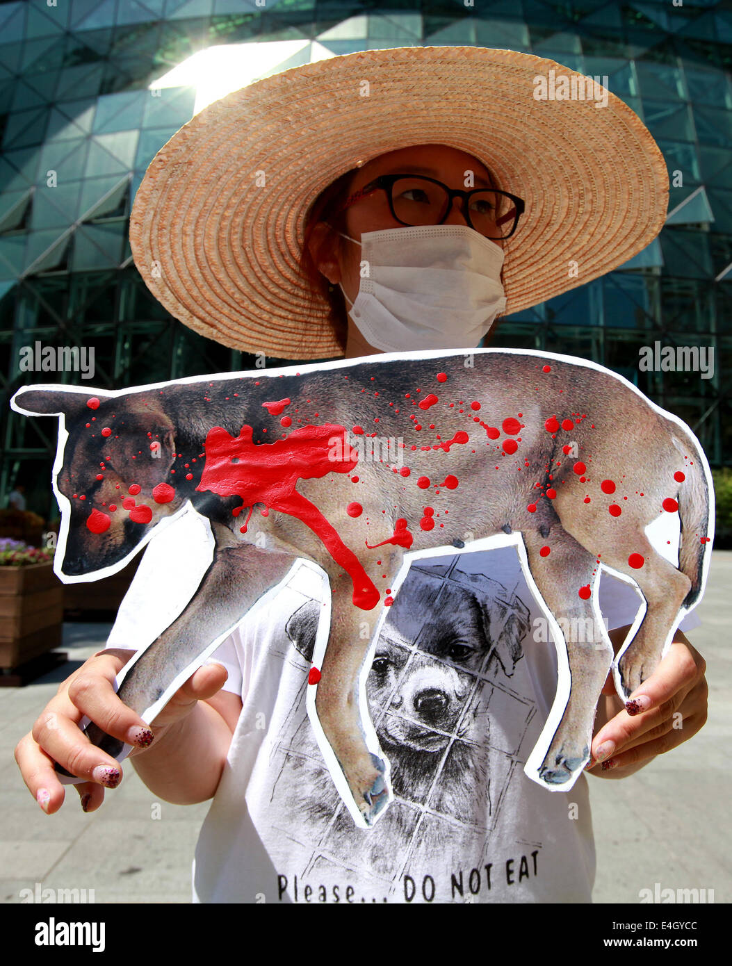 (140711) -- SEOUL, luglio 11, 2014 (Xinhua) -- Un animale attivista per i diritti detiene una targhetta durante una manifestazione di protesta contro il mangiare carne di cane di fronte al municipio di Seoul, Corea del Sud, 11 luglio, 2014. (Xinhua/Park Jin-hee) Foto Stock