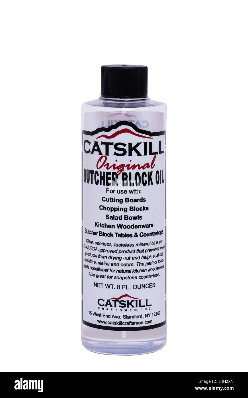 Una bottiglia di Catskill originale blocco di macellaio olio su uno sfondo bianco Foto Stock