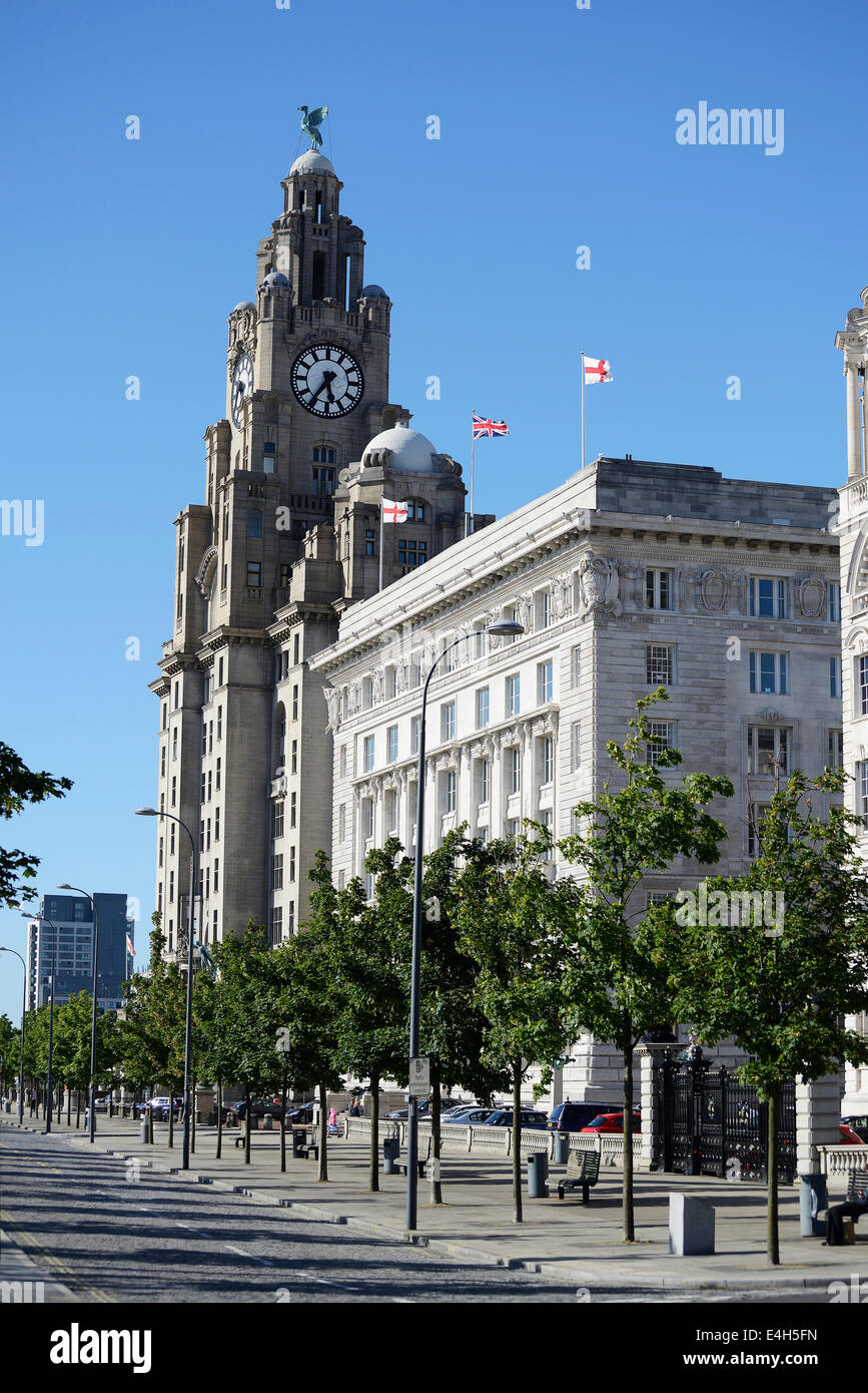 L'iconico di Cunard Line e Royal Liver edifici al Pier Head, Liverpool. Grado 1 edifici e un sito Patrimonio Mondiale dell'UNESCO. Foto Stock